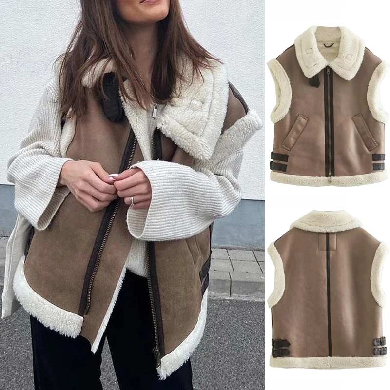 Women Fashion Patchwork Sleeveless Vest Waistcoat Loose Thicken Lapel Suede Fur Jacket Coat 2023 Autumn Winter Chic Tops Outwear