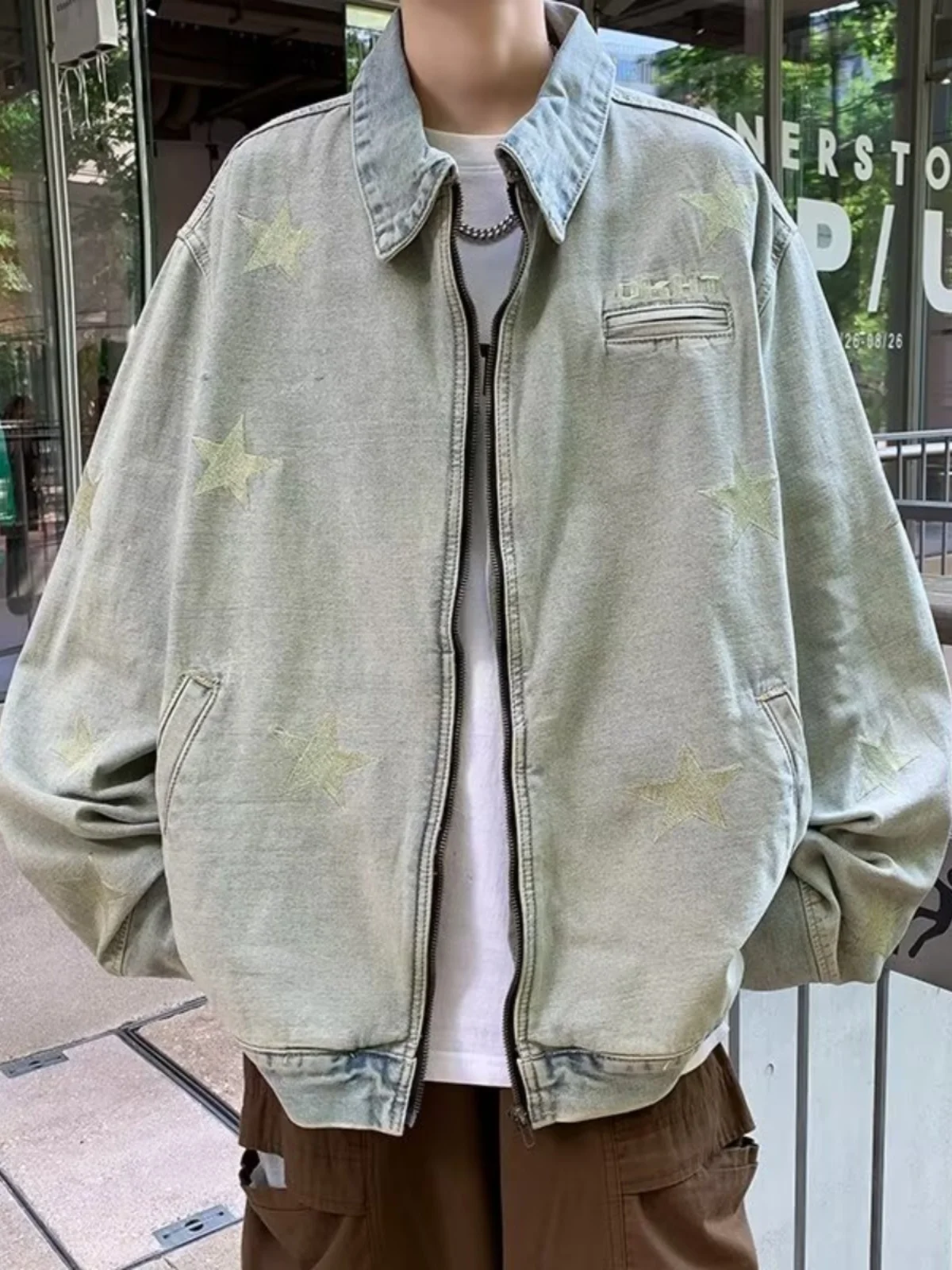 

Мужская джинсовая куртка в американском стиле High Street, осенняя, модная, с вышивкой звезд, в стиле рабочей одежды, винтажная, свободного кроя, уличная одежда