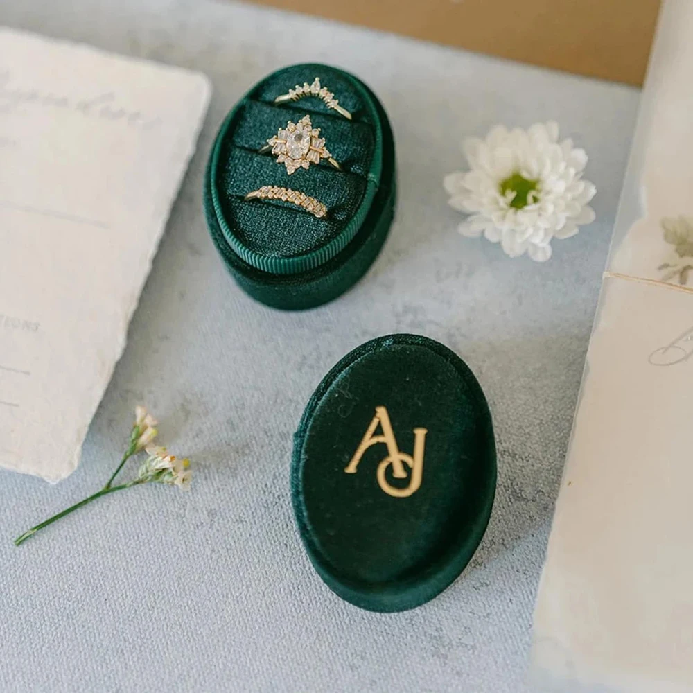 

Personalized Double Slots Ring Box Modern Engagement Ring Box Custom Velvet Oval Ring Box for Wedding Engagement
