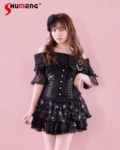 

Liz Knit Top Spring and Autumn New Girl's Sweet Big Bow Lace Lolita Off-Shoulder Short Sleeve Shirt Women's Slim Fit Sweaters