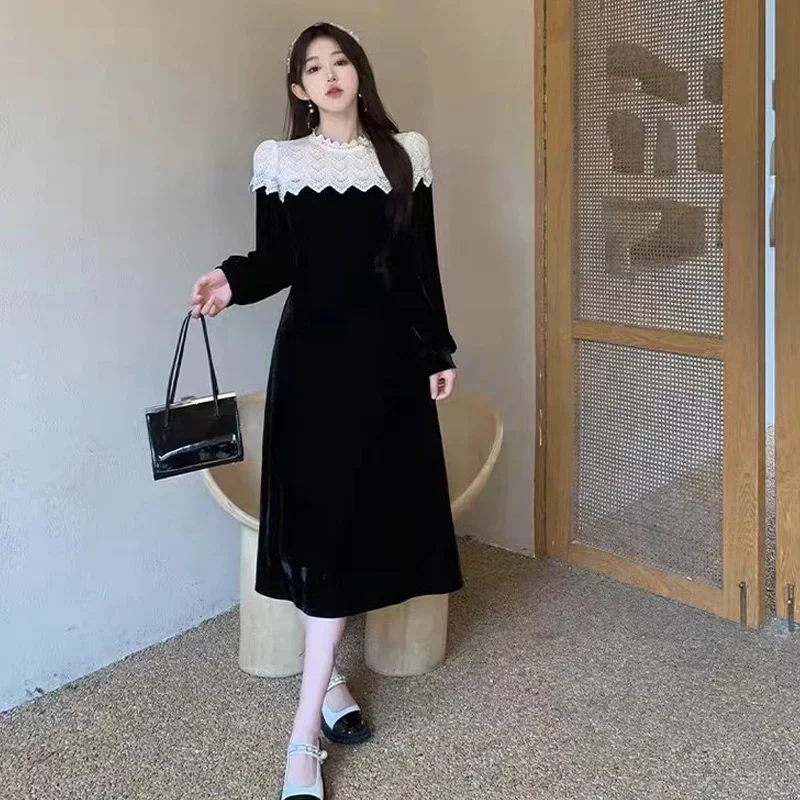 

Korean Lantern Sleeve Pullover Empire Black Dress Vintage Dress Women STRAIGHT Patchwork O-Neck Lace Hook Flower