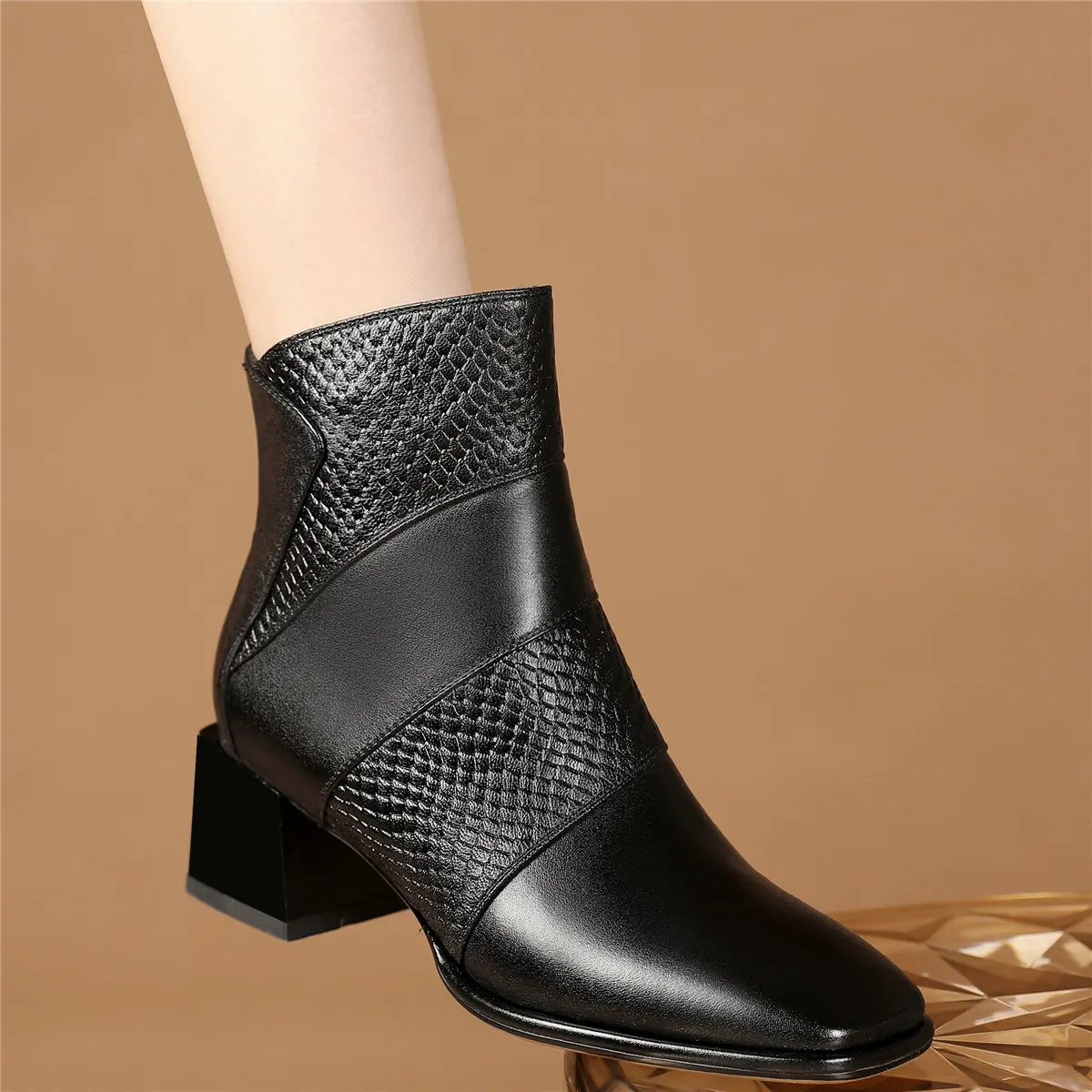 

Winter Motorcycle Boots Women Genuine Leather High Heel Platform Pumps Female High Top Square Toe Fashion Sneakers Casual Shoes