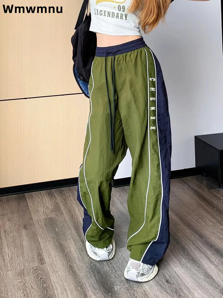 Casual Loose Patchwork Pants Retro Cargo Women's Casual Contrasting Pantalones Straight Wide Lace Up Streetwear Trousers