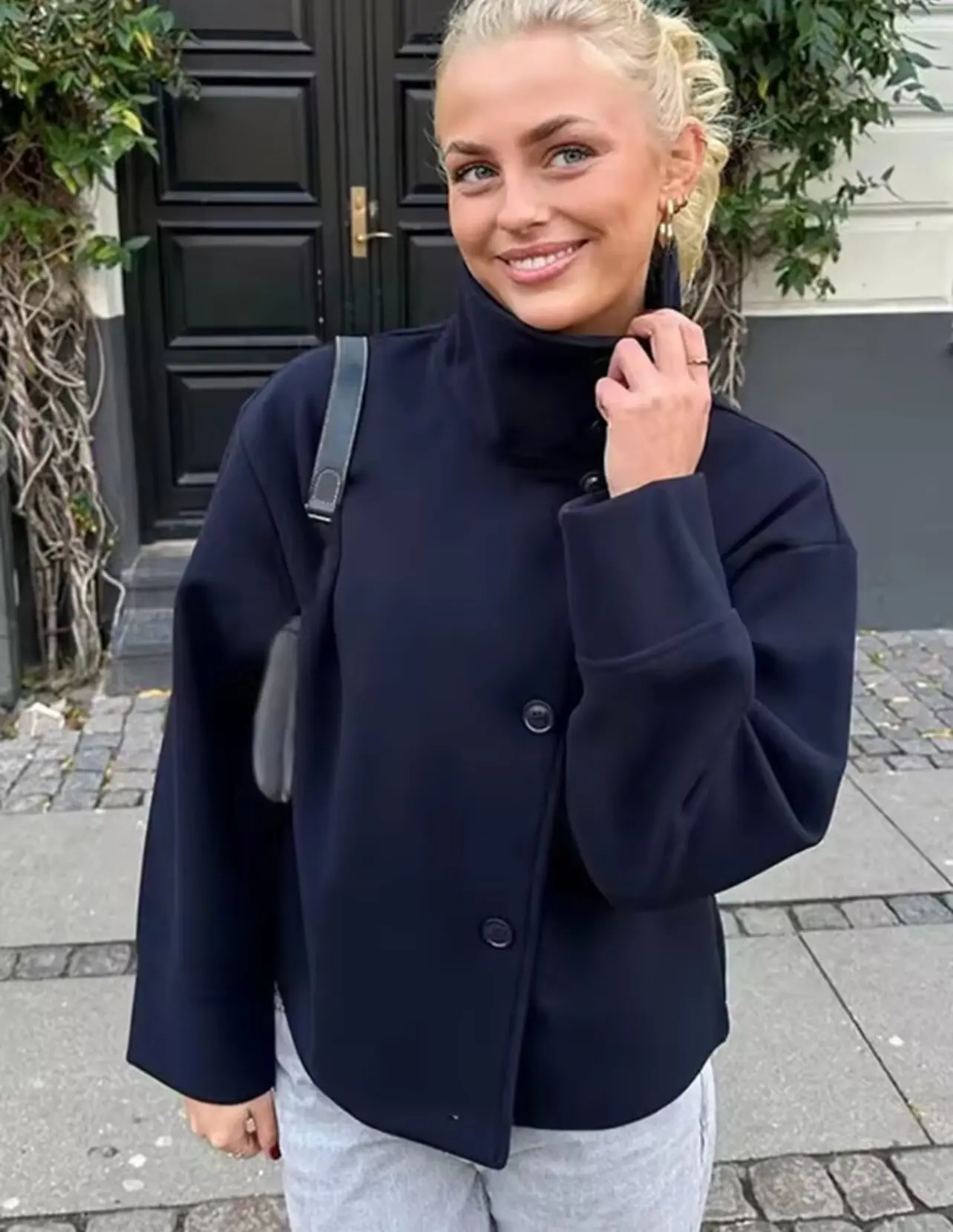 

Autumn Winter Women Woolen Dark Blue Jacket Single Breasted Stand Collar Loose Female Coat Office Lady Street Coat Outwear
