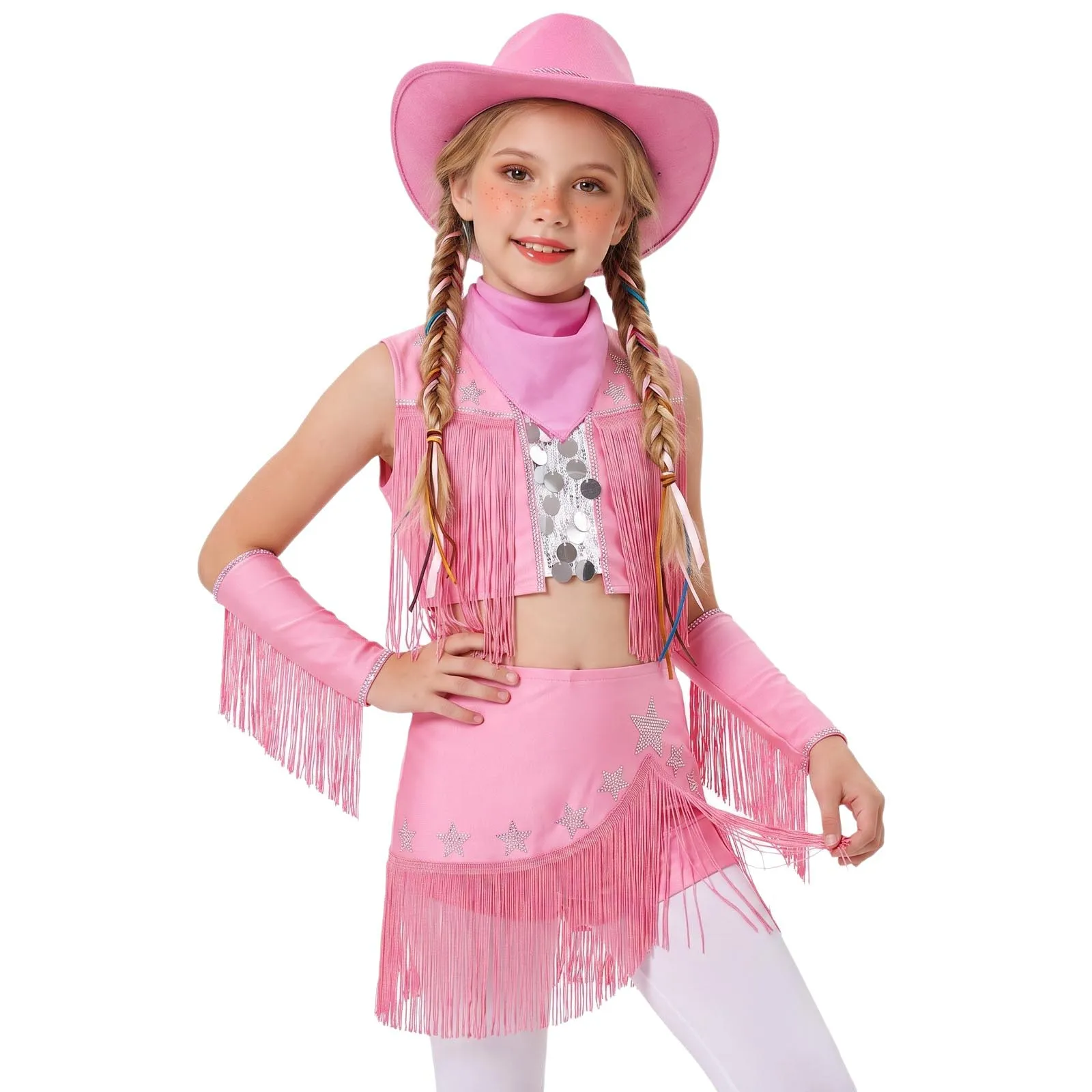 Kids Girls Halloween Western Cowboy Cowgirl Costume Latin Jazz Dance Outfit Tassel Crop Vest Tops with Skirt Gloves Hat Kerchief