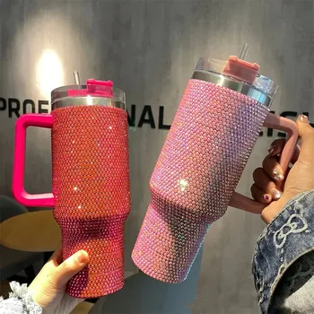 손잡이가 있는 모조 다이아몬드 장식 보온병 컵, 40oz 텀블러 컵, 커피 단열 병, 자동차 진공 플라스크, 차가운 얼음 유지 