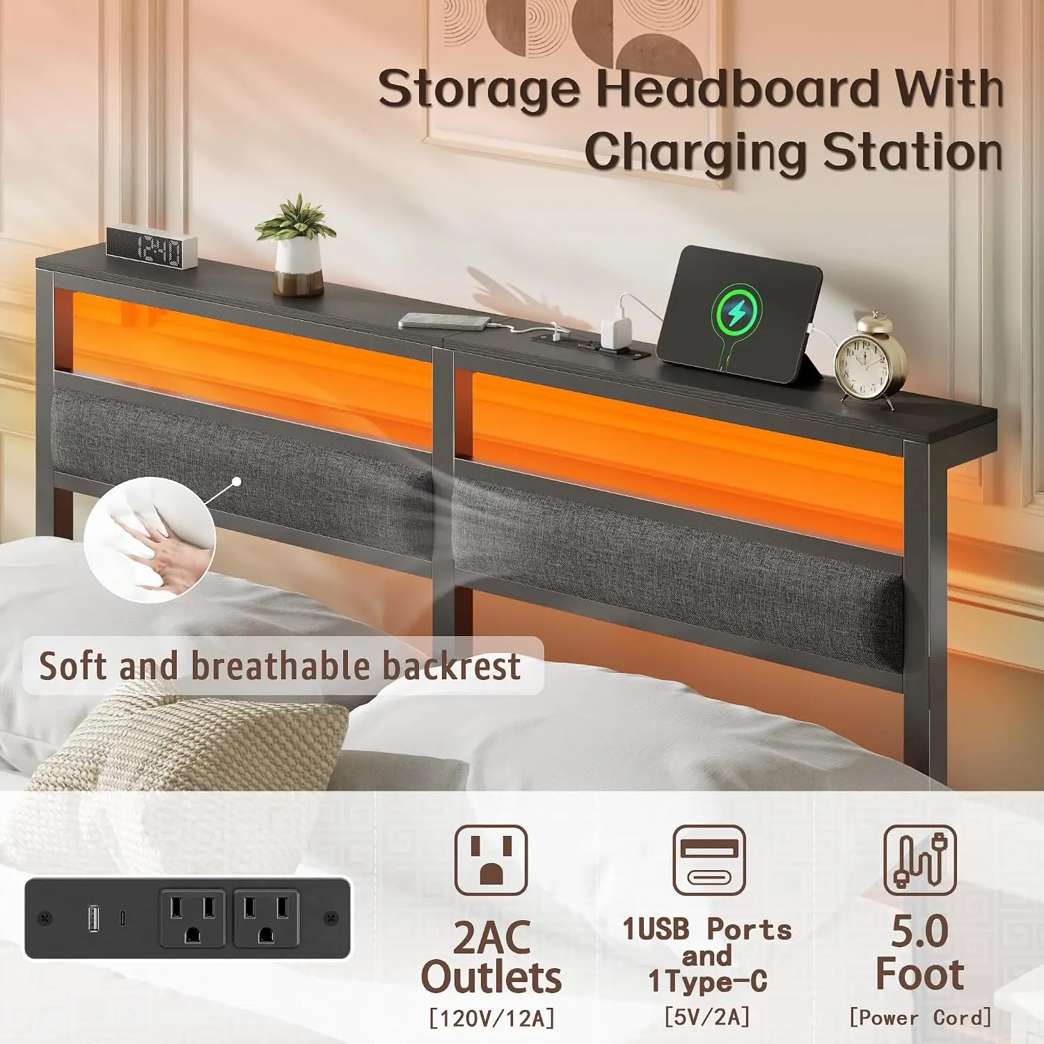 Full Size Platform Bed Frame with LED Lights & USB Charging, Black Metal, Customized