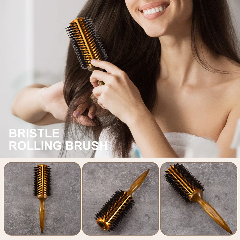 Straight Twill Hair Comb Natural Boar Bristle Rolling Brush Round Barrel Blowing Curling DIY Hairdressing Styling Tool-AT95