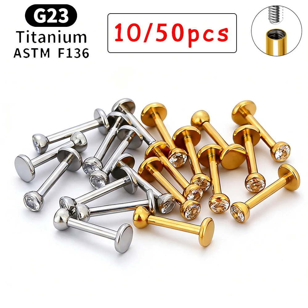 10/50pcs ASTM F136 Titanium Labret Lip Stud 16G CZ Cartilage Helix Percing Tragus Labret Stud Flat Back Body Piercing Jewelry