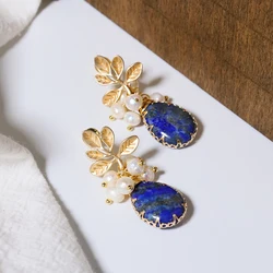 GLSEEVO Natural Lapis Lazuli Leaf Unusual Drop Earrings For Women Charm Design Dangle Earrings Fine Jewelry Wedding Gift GE0897