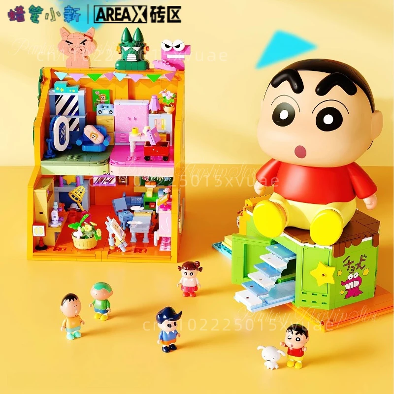 

New AREAX Crayon Shin Chan Building Blocks Crayon Shin Chan's Toy Box Puzzle Assembly Toy Model Ornaments Cute Collectibles Gift