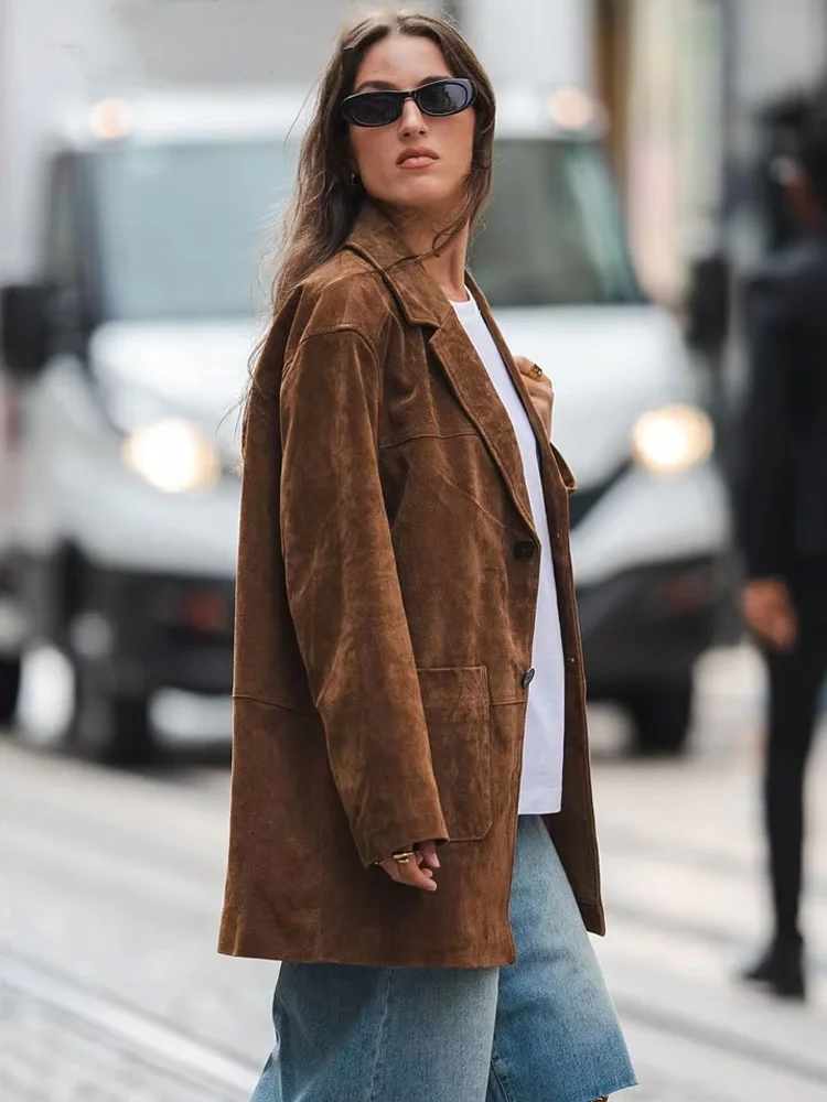 HH Woman Fashion Single-breasted Casual Loose Vintage Street Jacket Women Chic Lapel Long Sleeve With Pockets Autumn Coat