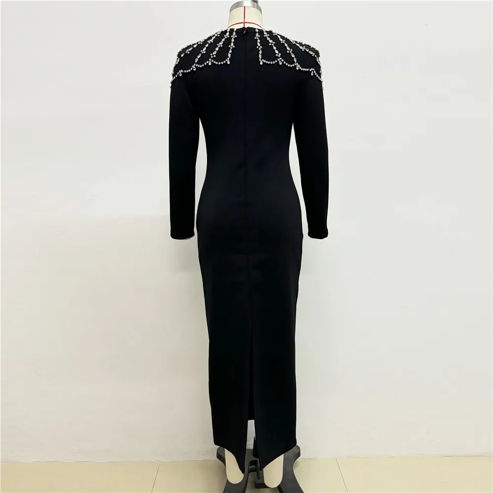 New Luxury Diamonds Tight Long Sleeve Triangle Neck Long Black Bandage Dress Women Wedding Evening Formal Gowns Party Dresses