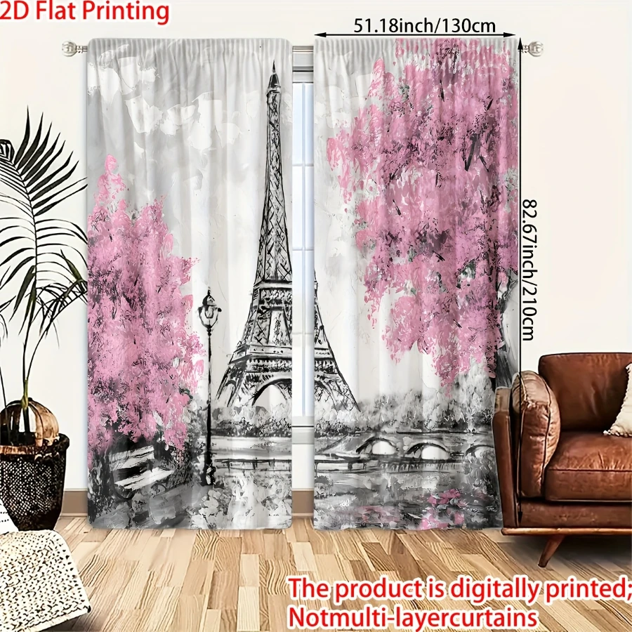 2PCS Digital Printed Curtains, Pink Cherry Tower Design, Japanese Style Rod Pocket for Living Room Bedroom Kitchen Home Decor