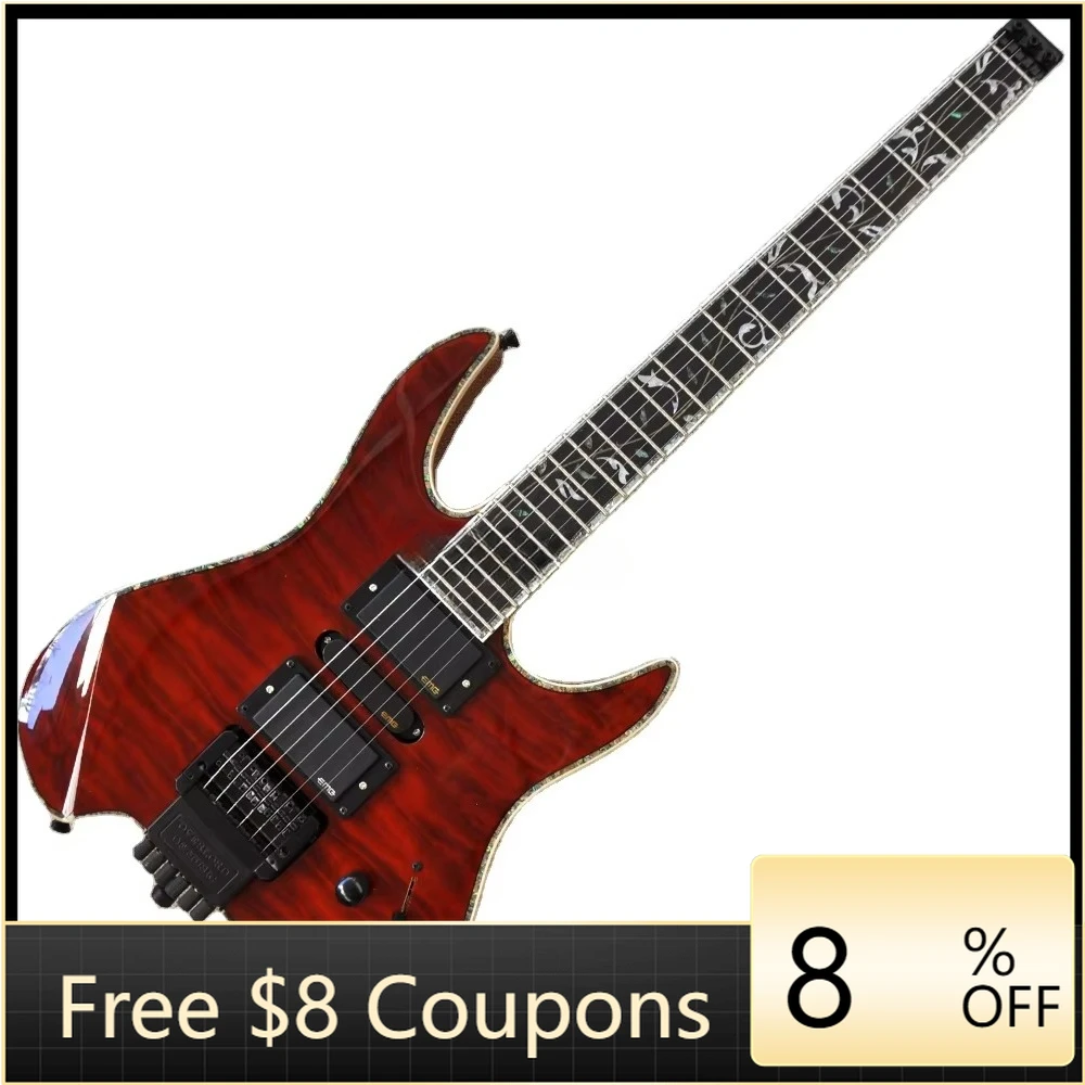 STLF Flyoung Red Headless Electric Guitar Custom Made Quilted Maple Veneer HSH Pickups Guitar Colorful Binding