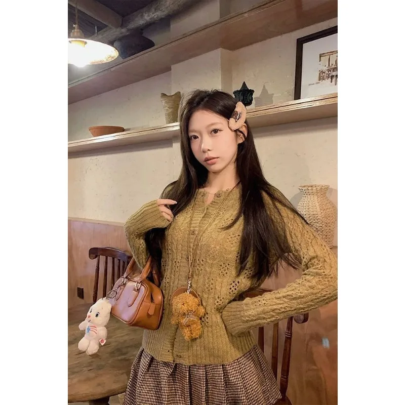 Women Vintage Hollow Out Knit Cardigan Slim Lazy Style Solid Color Versatile Long Sleeve Sweater Coat
