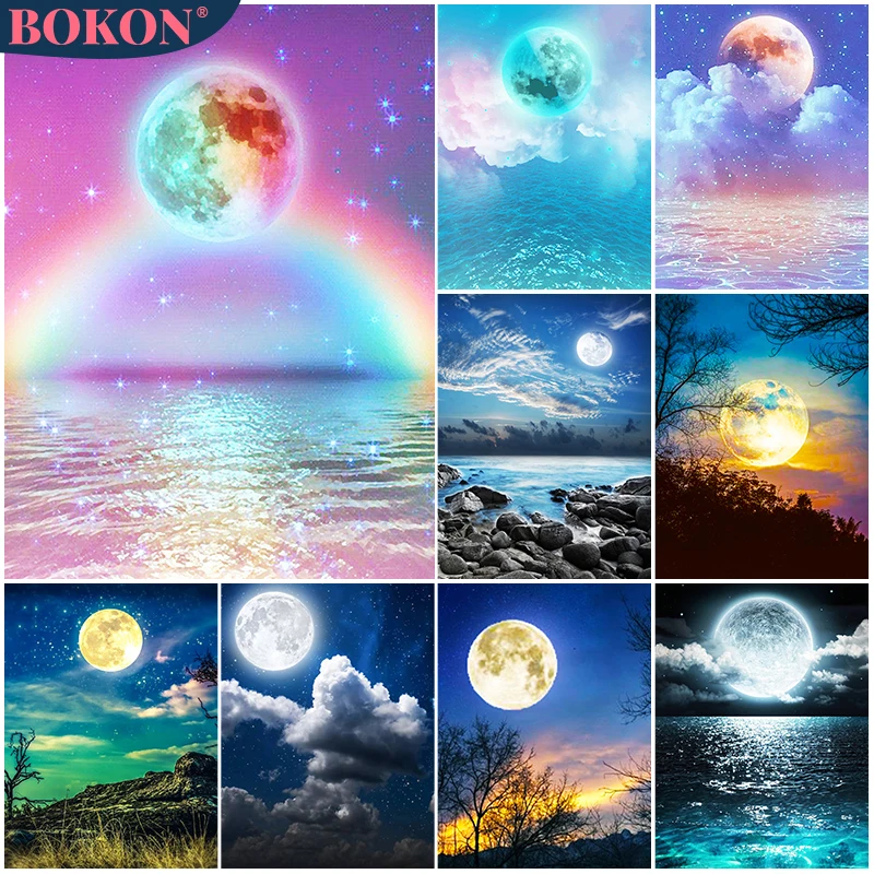 

5D Diamond Colorful Tree Moon Painting Diamond Embroidery Full Moon Landscape DIY Diamond Mosaic Home Art Decoration