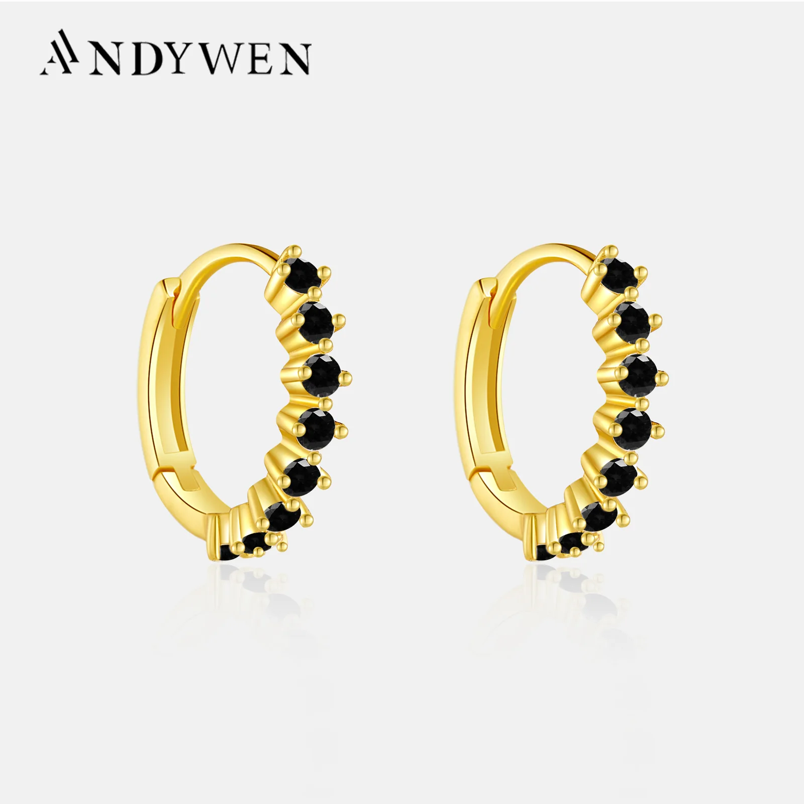 ANDYWEN 925 Sterling Silver 9.5mm Pendiente Crystal CZ Hoops Rainbow Luxury Women Huggies Circle Round Black Earring Jewelry