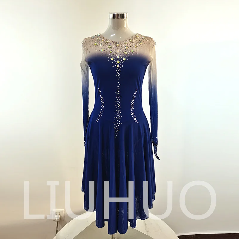 LIUHUO Ice Figure Skating Blue Dress Girls Women Teens Stretchy Spandex Competition Dress