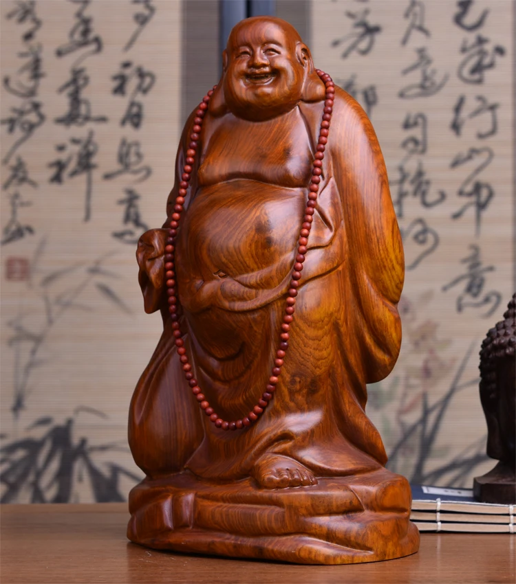 GOOD Buddha -HOME Spiritual protection Bless family # Bring good luck Handmade Yellow pear wood carving Maitreya Buddha statue