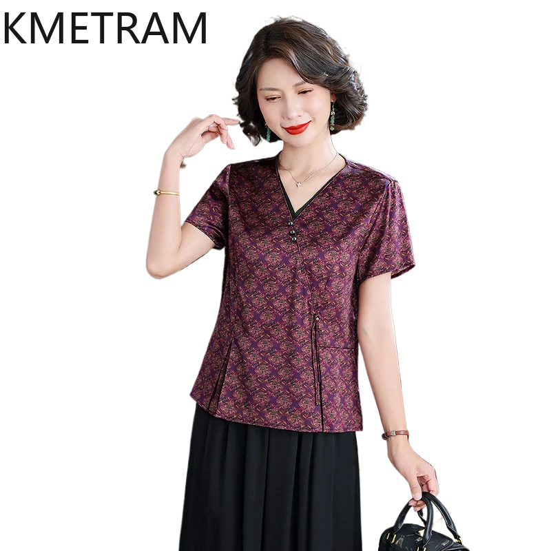 

KMETRAM 90% Mulberry Silk Women Shirt 2026 Summer New Elegant Slimming V-neck Short-sleeved Shirt Woman Clothes Blusa Feminina