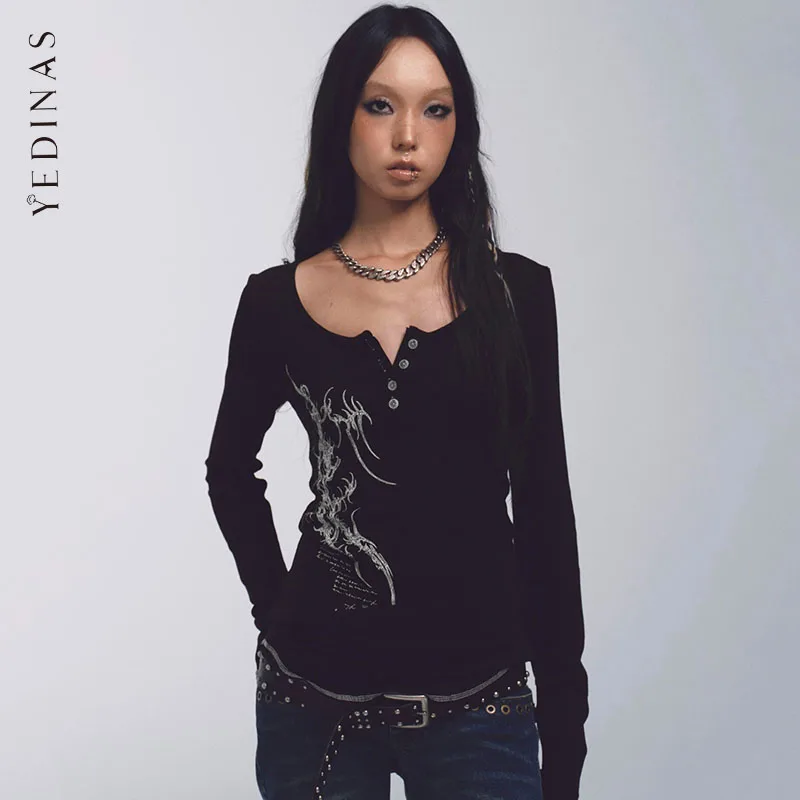 

Yedinas Gothic Black Women's T-shirt Long Sleeve Button Up Long Sleeve Graphic Tee Female Clothing 2000s Clothes Y2k Goth Autumn