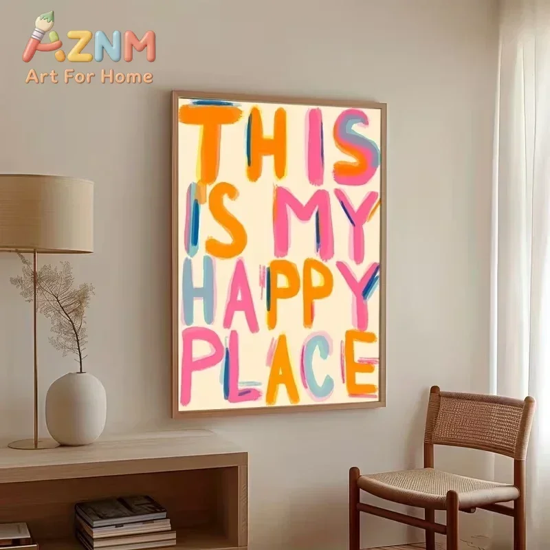AZNM This Is My Happy Place Canvas Wall Art Colorful Handwritten Text Frameless Print Inspirational Poster for Bedroom Living Ro