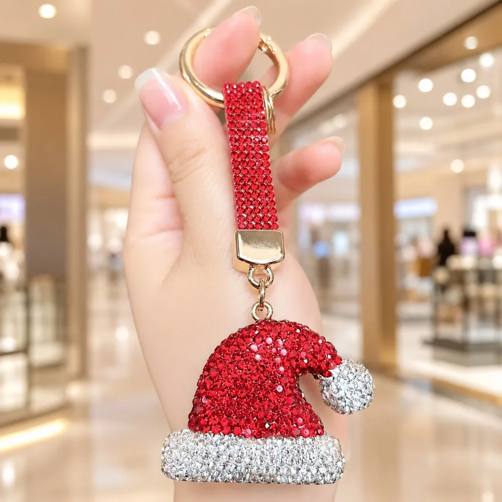 Santa Claus Rhinestone Christmas Keychain Christmas Stocking Christmas Hat Metal Xmas Pendant Blingbling Decoration