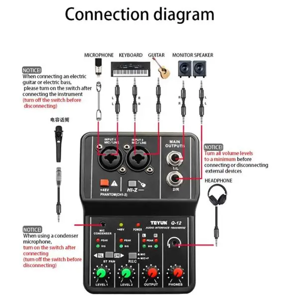 TEYUN Q-12 Sound Card Audio Mixer Sound Board Console Desk System Interface 4 Channel 48V Power Stereo Sound Card Computer   New