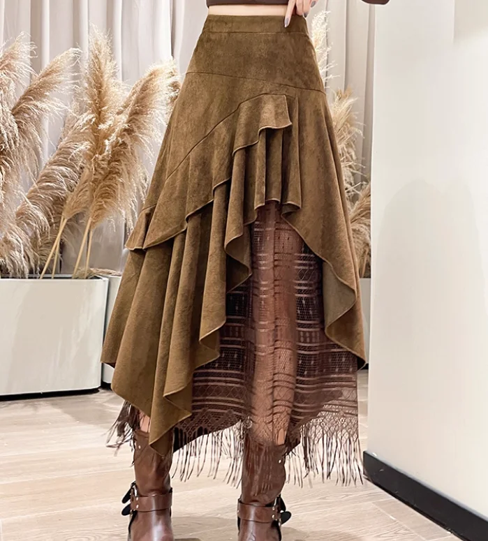 女性秋冬甘いフリルレーススプライシングレジャースカートハイウエスト A ライン不規則な韓国ルーズ多用途ストリートスカート