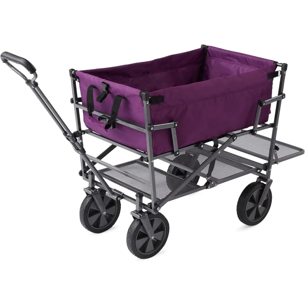 

Double Decker Heavy Duty Steel Frame Collapsible Outdoor Utility Garden Cart Wagon with Lower Storage Shelf