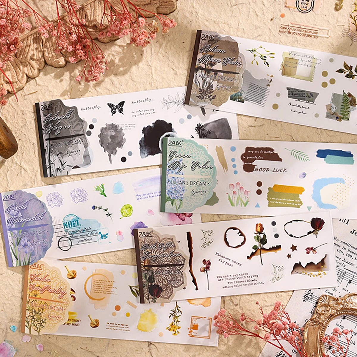 6pcs Plant And Flower Pattern beautiful Stickers, Waterproof PET Stickers With Various Designs, For Cards And Scrapbook Decorati