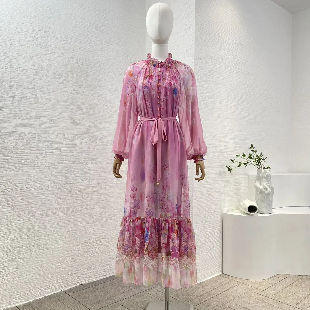 

Original Worldcloset 2024 New High Quality Pink Floral Print Long Sleeve Flouncing Loose Ruffle Midi Dress for Women