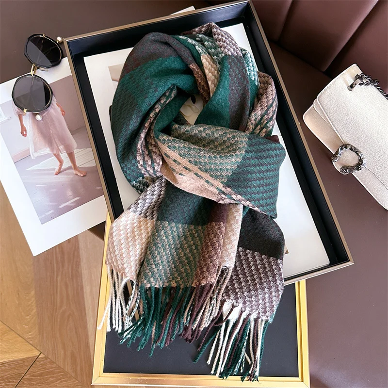 Korean Plaid Knitted Cahmere Scarf Women Shawls And Wraps Female Pashmina Bufanda Lady Thick Warm Winter Blanket Stoles New 2024