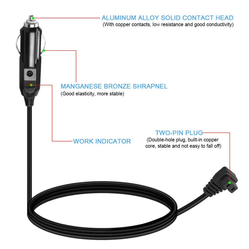 2-Pin DC 12V Lead Cable Plug Wire Charger For Car Cooler Cool Box Mini Fridge Car Refrigerator Cigarette Lighter