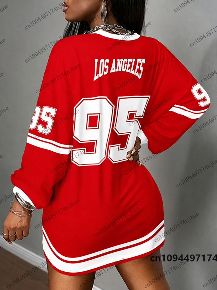 Herbst Neu Los Angeles Nr. 95 Print T-Shirt für Damen Langarm Sport O-Ausschnitt T-Shirts Fußballtrikot Y2K Lose Übergroße Oberteile – Detail 4