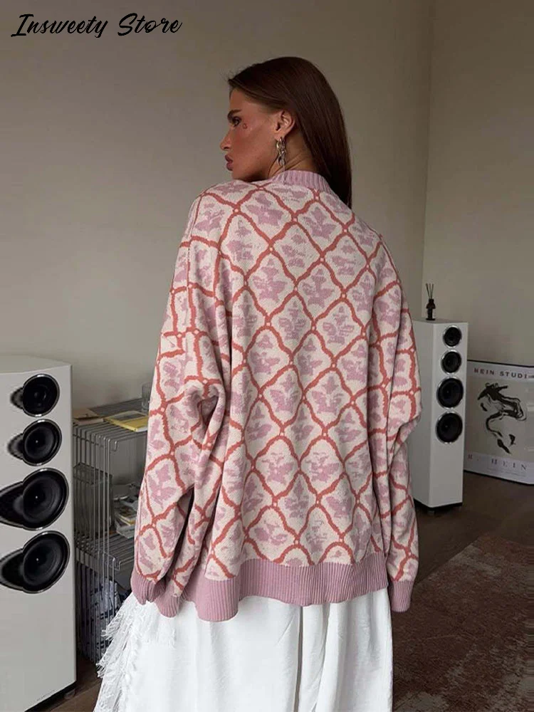  موضة رسالة الجاكار متماسكة البلوز المرأة كبيرة الحجم طويلة الأكمام س الرقبة الكلاسيكية سترة 2025 الخريف سيدة جديدة ملابس خارجية غير رسمية #6