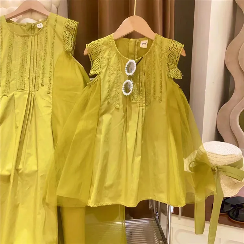Parent-child matching outfits for summer: stylish princess dress for little girls, sleeveless mesh tank dress, mother-daughter o