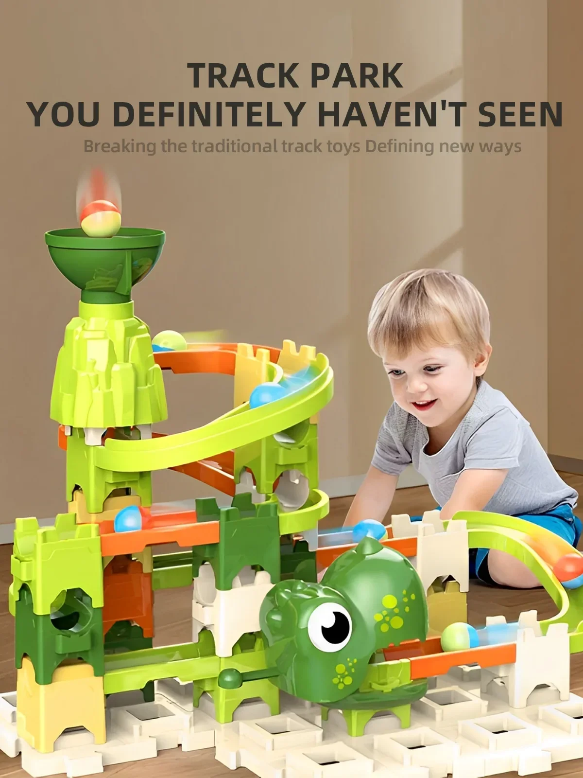 DIY Dinosaur Ball Dash Track Kit, Rotating Obstacle Marble Run Blocks, 3 Levels Stunt Challenge Toy for Toddlers