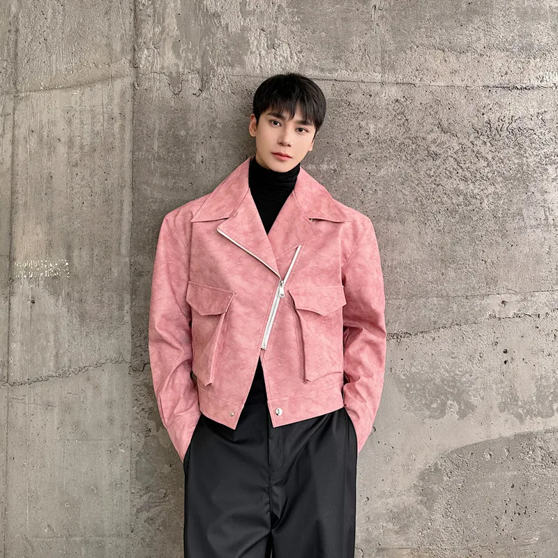 New Men\'s Short PU Leather Jackets Matte Tie-dyed Fashion Motorcycle Coat Hip Hop Streetwear Clothes Man Green Pink
