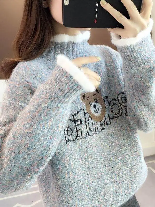 Versatile Cute Bear Color Thread Sweater Women's Autumn Winter Loose Lazy Style Soft Cozy Knitted Top Casual Fashion
