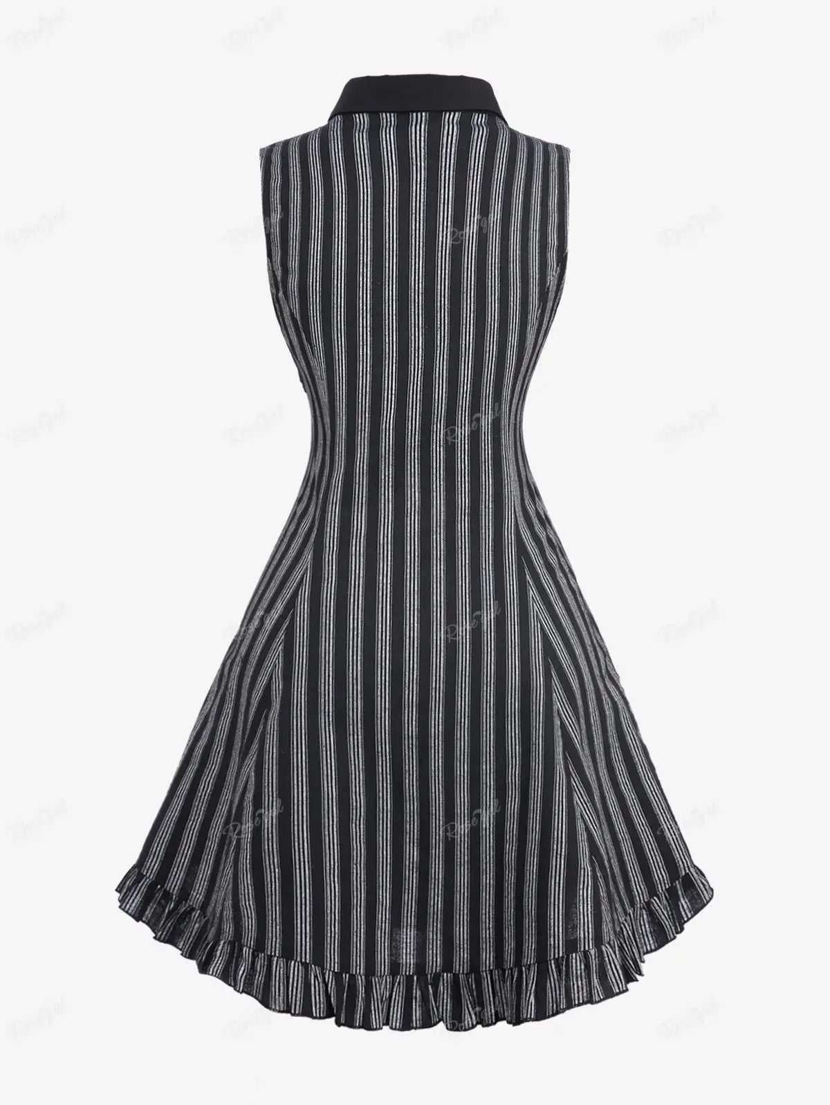 ROSEGAL Plus Size Gothic Turn-down Collar Striped Flounce Trim Dresses Black Patchwork Panel Sleeveless Ruffles Dress Vestidos