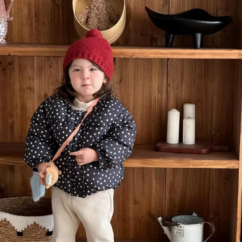 

2025 Winter New Baby Cotton Padded Jacket Polka Dot Infant Boys Warm Coat Plus Velvet Thick Toddler Girls Casual Cardigan