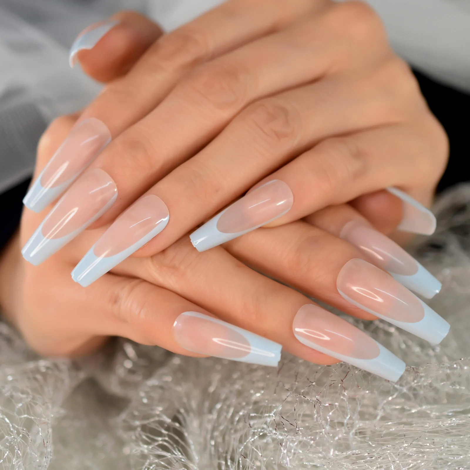 Stampa francese extra lunga lucida azzurra su unghie finte Ballerina nuda Bara Stampa sulle unghie Suggerimenti per nail art con copertura completa