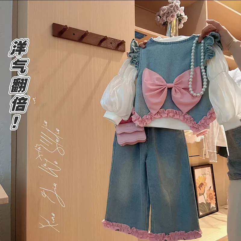 Conjuntos para niños Conjunto de 3 piezas de mezclilla para niñas Camisa superior con mangas aleteadas y pantalones de pierna ancha Traje casual de primavera/otoño