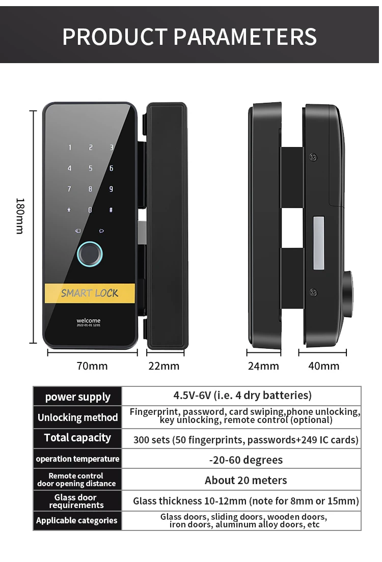 Commercial Security Smart Lock With Fingerprint Reader APP Control Digital Glass Door Lock With Key Backup For Commercial Spaces