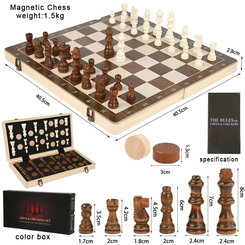 2 in 1 Magnetic Chess Set & Checkers Board Game 15" Wooden Folding Chess Board with 2 Extra Queens Portable Travel Chess Set