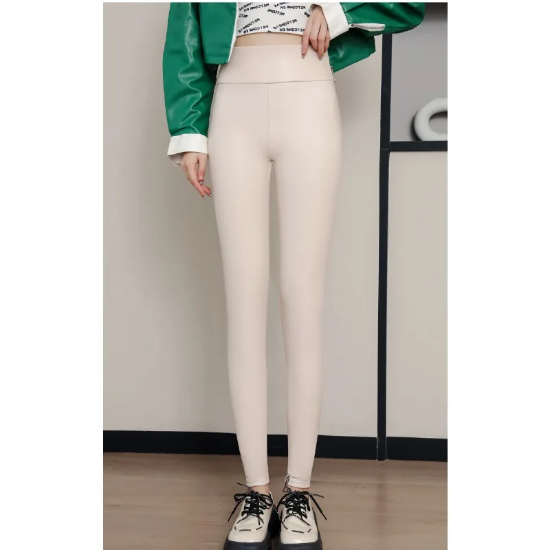 Winter PU Leather Wool Lined Tight Pants for Women, High Waist Thickened Warm Lamb Cashmere Slimming Pencil Pants, Pants
