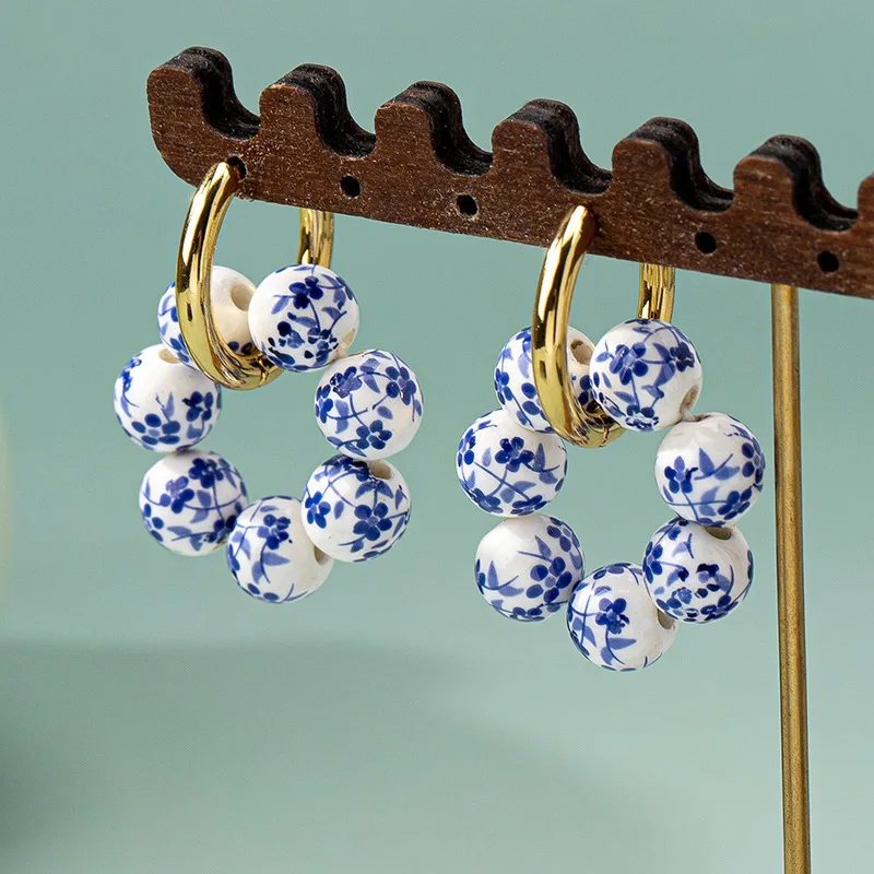 Vintage Geometric Round Ball Blue White Enamel Ceramic Earrings For Women Girls Party Jewelry Gifts Fashion Accessories