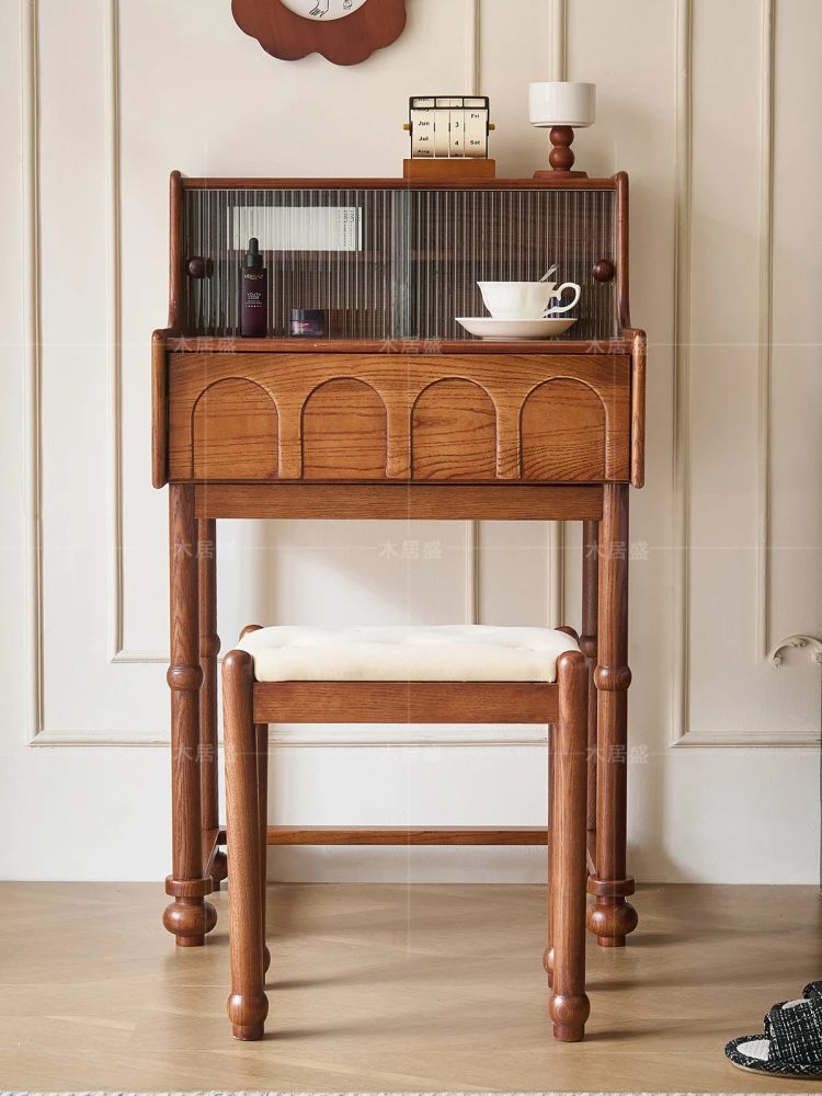 

French retro style piano dresser red oak solid wood medieval bedroom 80cm small Internet celebrity storage makeup table